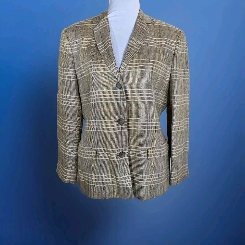 VTG Jones New York Size 14P Tan Plaid 100% Linen Lined Blazer Jacket